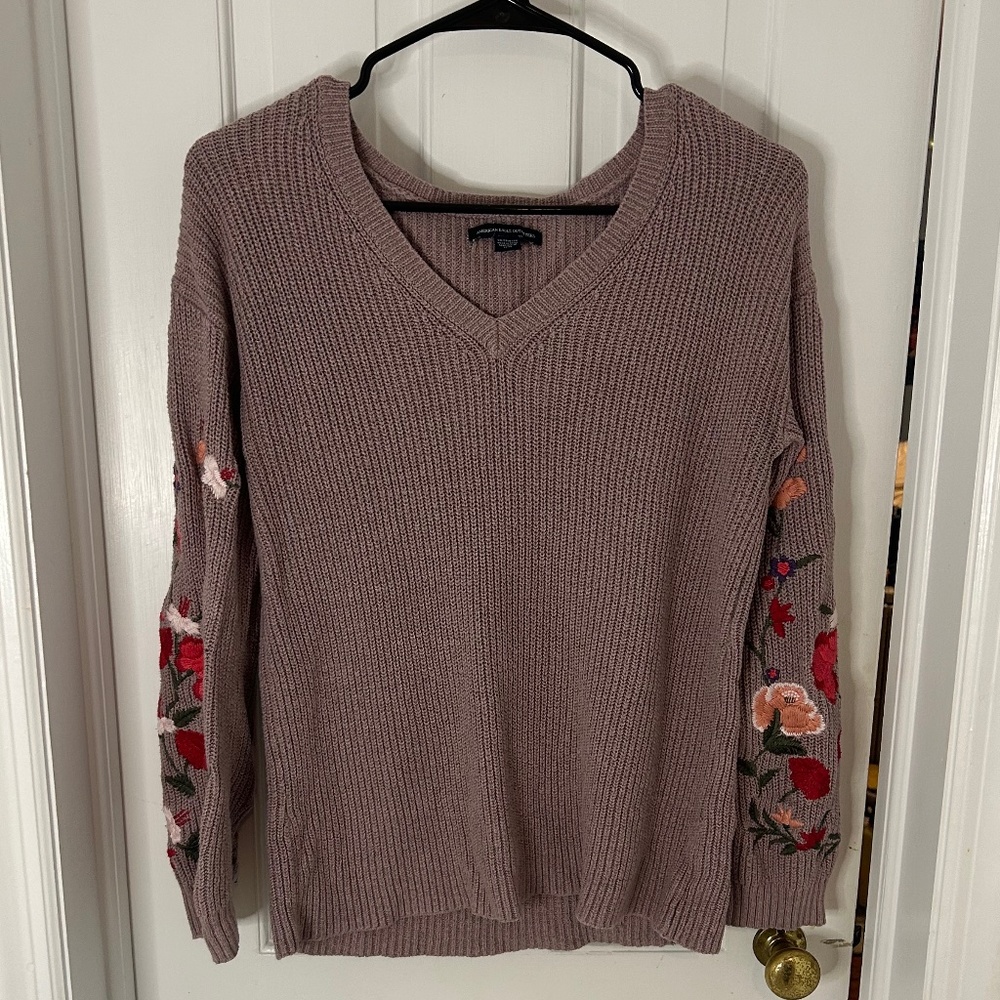 American Eagle Embroidered Flower Sleeve Sweater